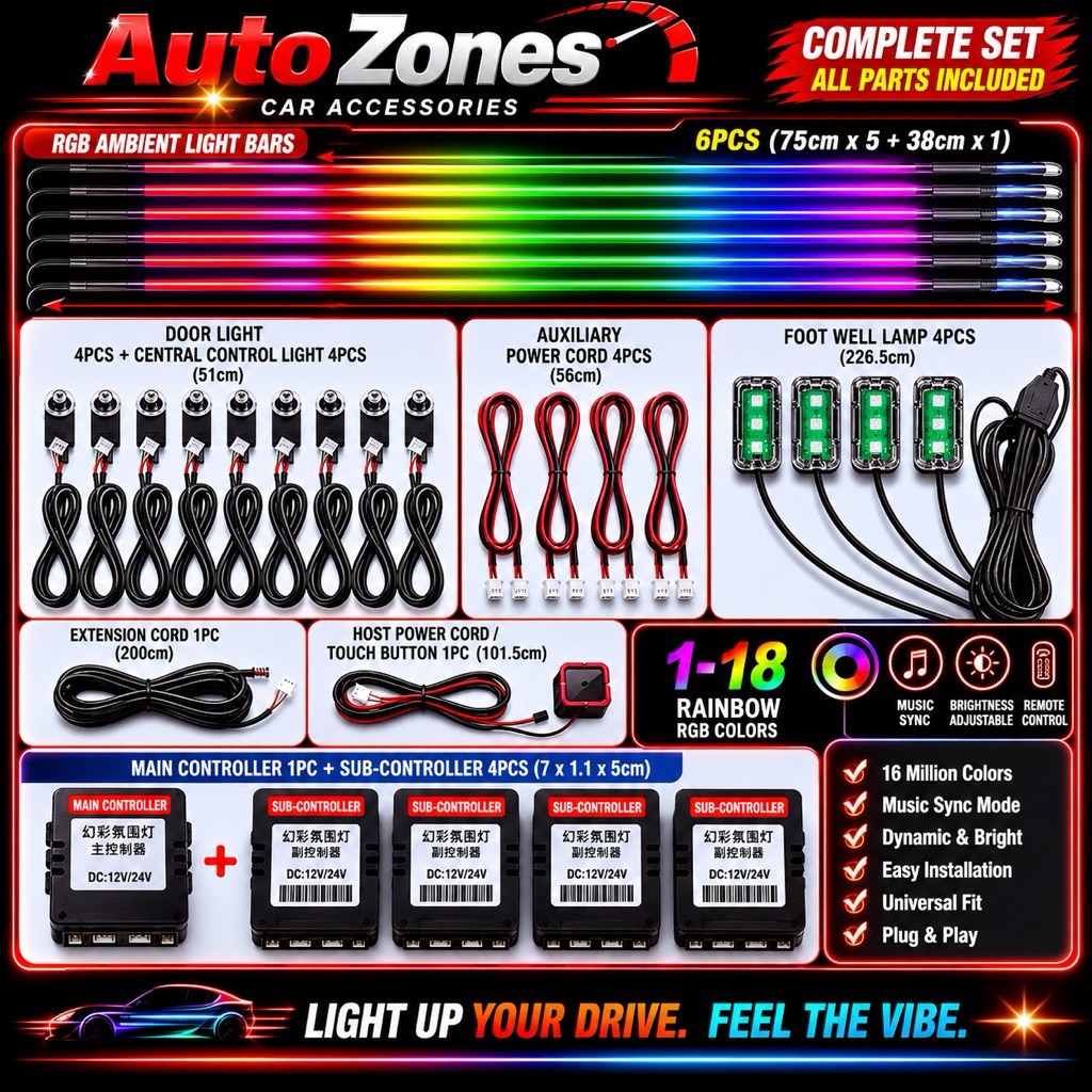 Universal 22-in-1 LED Car Ambient Light RGB Interior Lighting Kit | APP & Remote Control | Music Sync Ambient Light | USB & Cigarette Lighter Powered | Universal Car Interior Decoration
