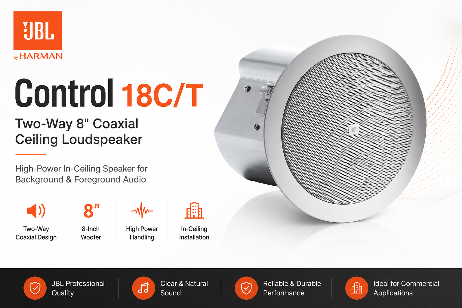JBL Control 18C/T – Two-Way 8" Coaxial Ceiling Loudspeaker (High-Power In-Ceiling Speaker for Background & Foreground Audio)