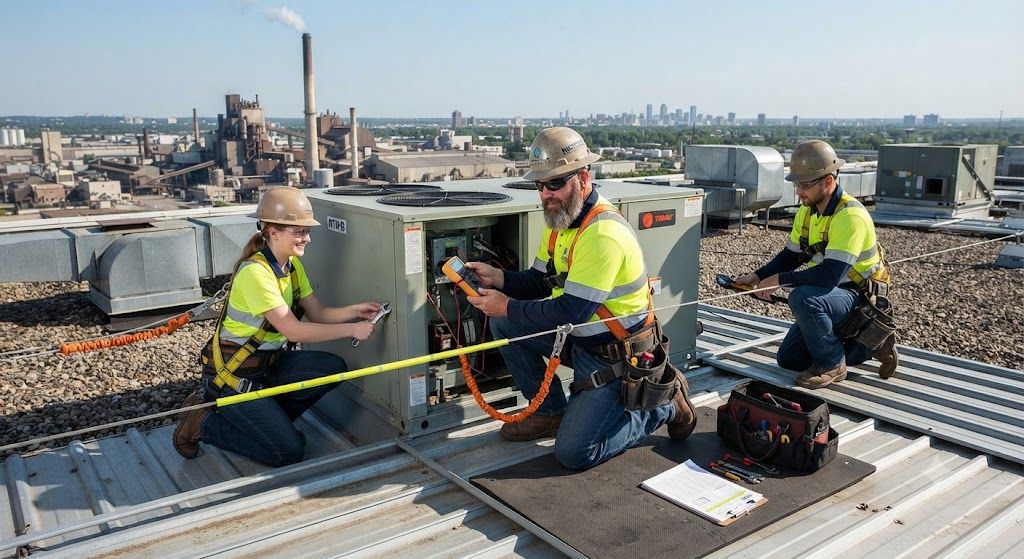industrial HVAC technician working at height safety