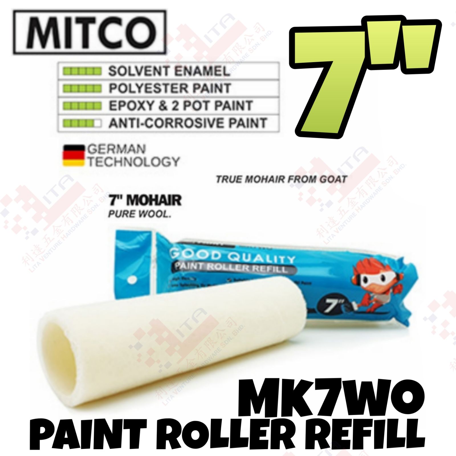 MITCO BRAND 7'' MOHAIR PAINT ROLLER REFILL - MK7WO