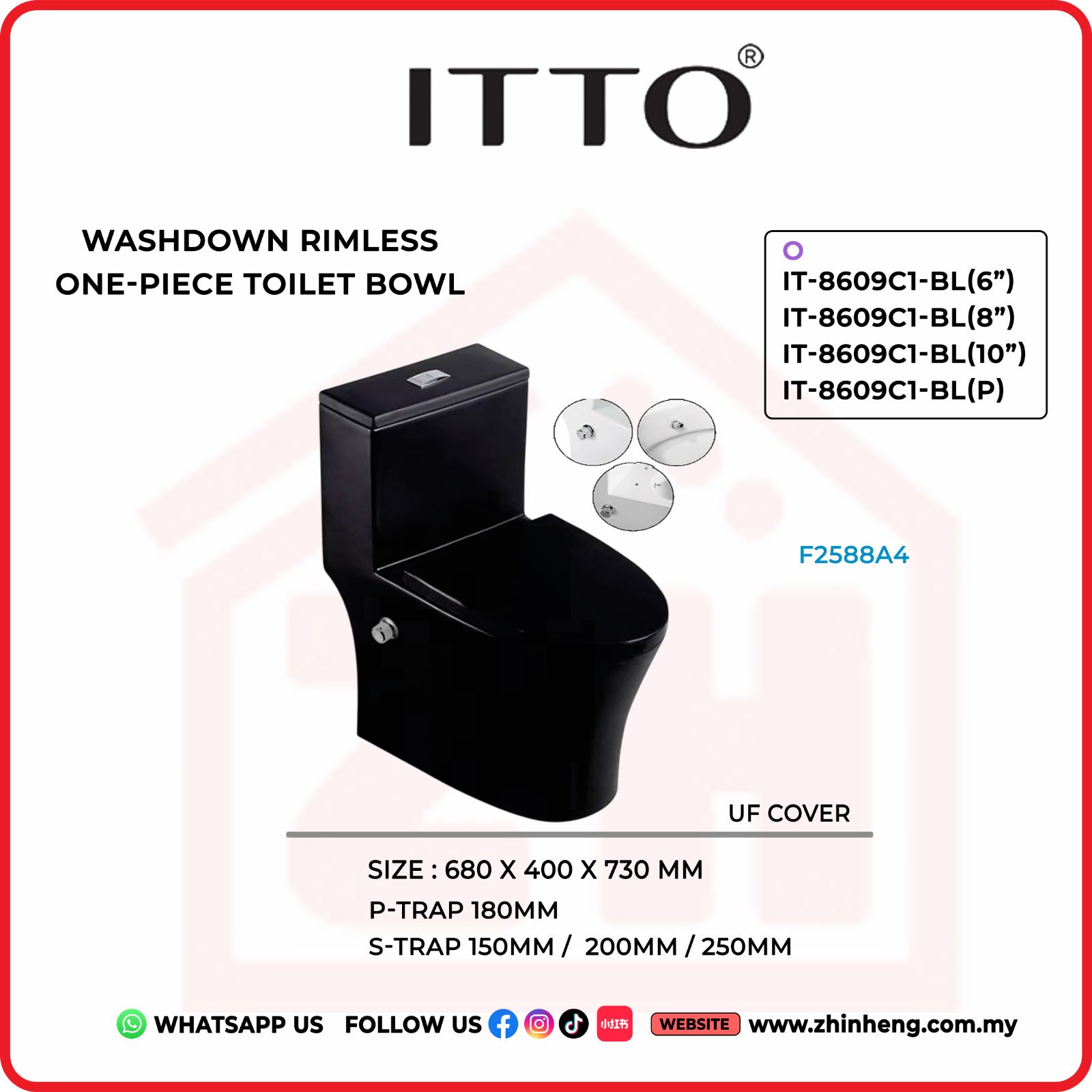ITTO WASHDOWN RIMLESS ONE PIECE TOILET BOWL IT-8609C1-BL(6") + IT-8609C1-BL(8") + IT-8609C1-BL(10") + IT-8609C1-BL(P)
