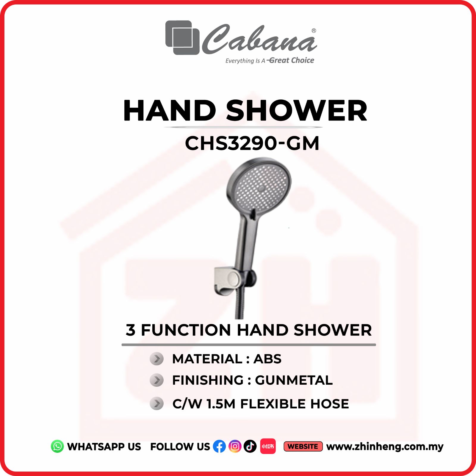 CABANA  3 FUNCTION HAND SHOWER C/W 1.5M FLEXIBLE HOSE  CHS3290-GM