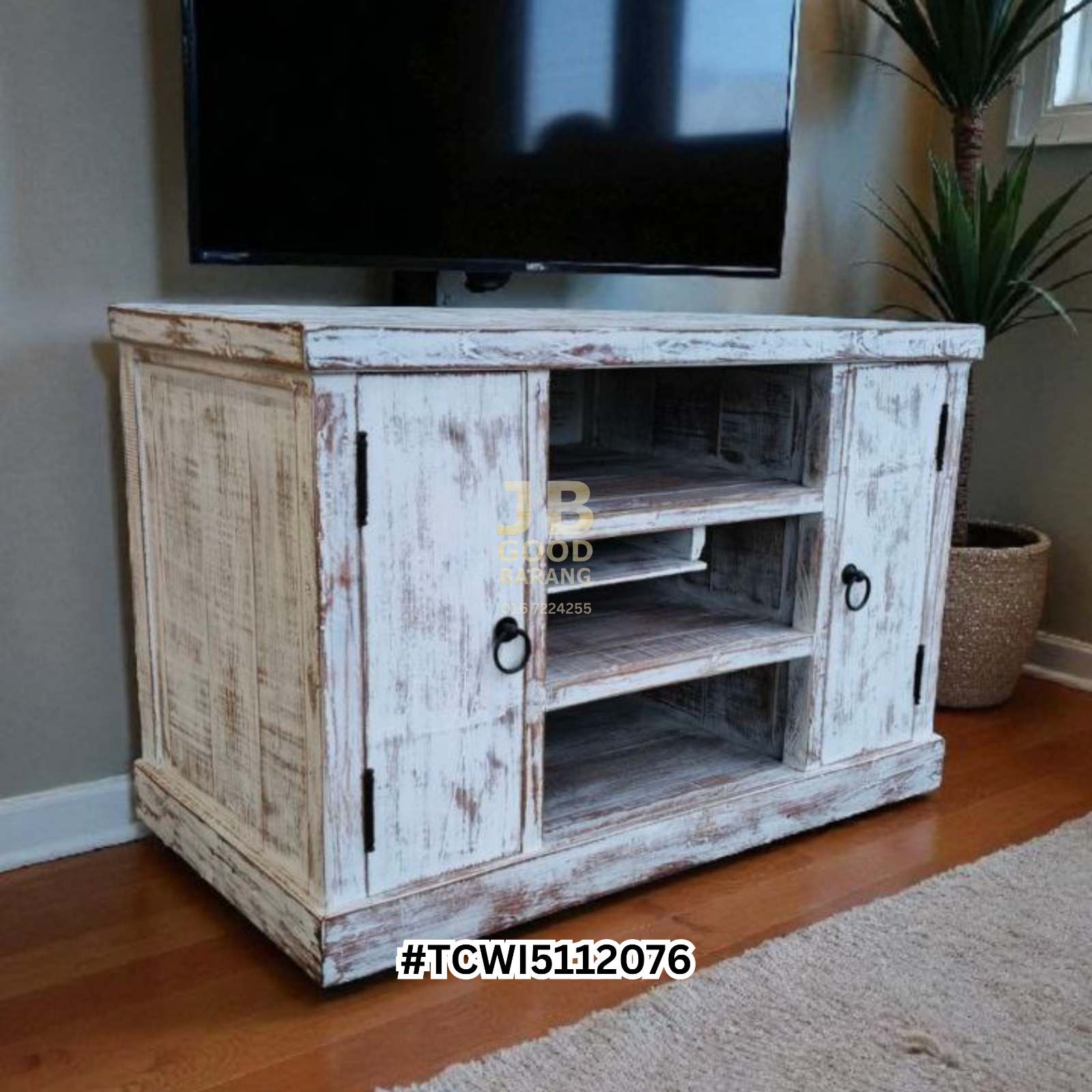 [SOLD] Heavy Solid Teak Rustic TV Bench / Console Cabinet