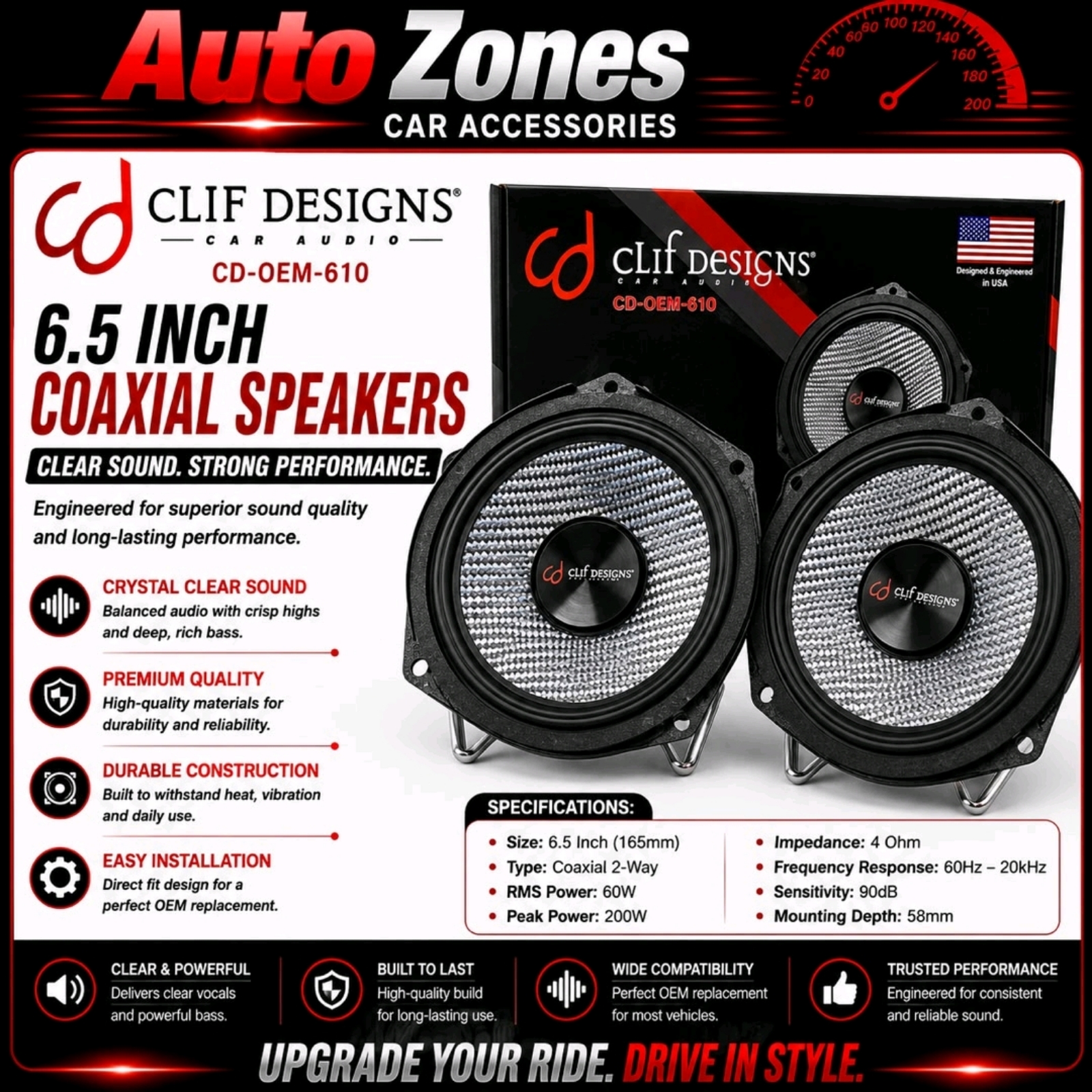 Clif Designs CD-OEM-610 Car Audio Speakers | OEM Replacement Car Speakers | Carbon Fiber Cone Speaker System | Universal Car Audio Upgrade | Designed in USA