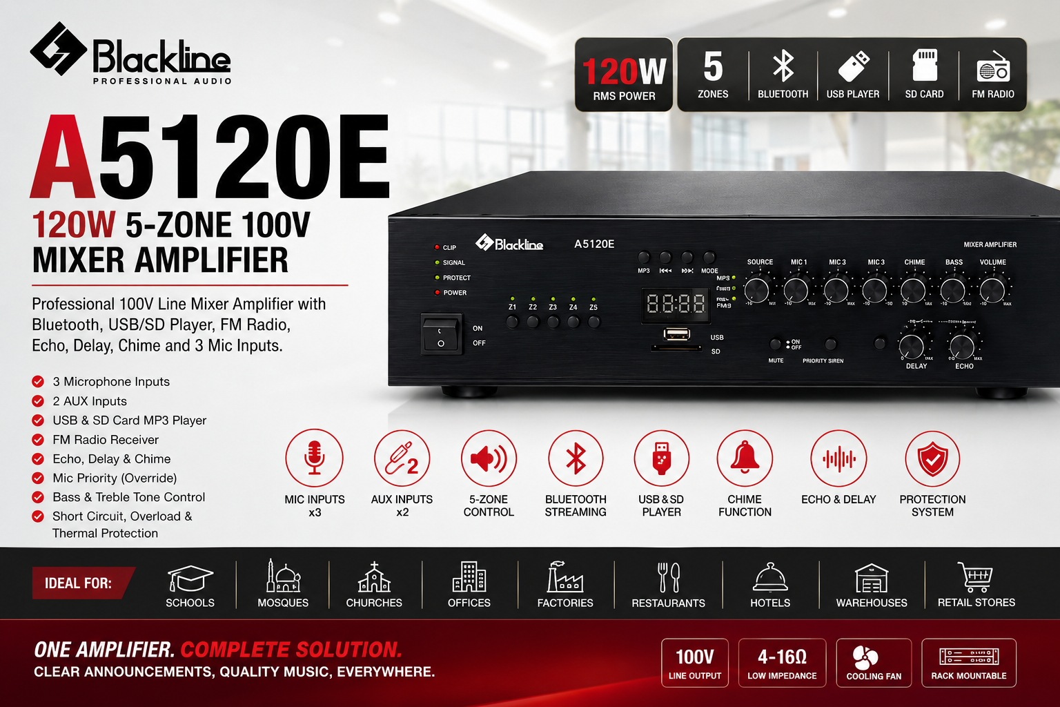 Blackline A5120E 120W 100V Line Mixer Amplifier with Bluetooth, USB, SD, 5 Zone & 3 Mic Inputs