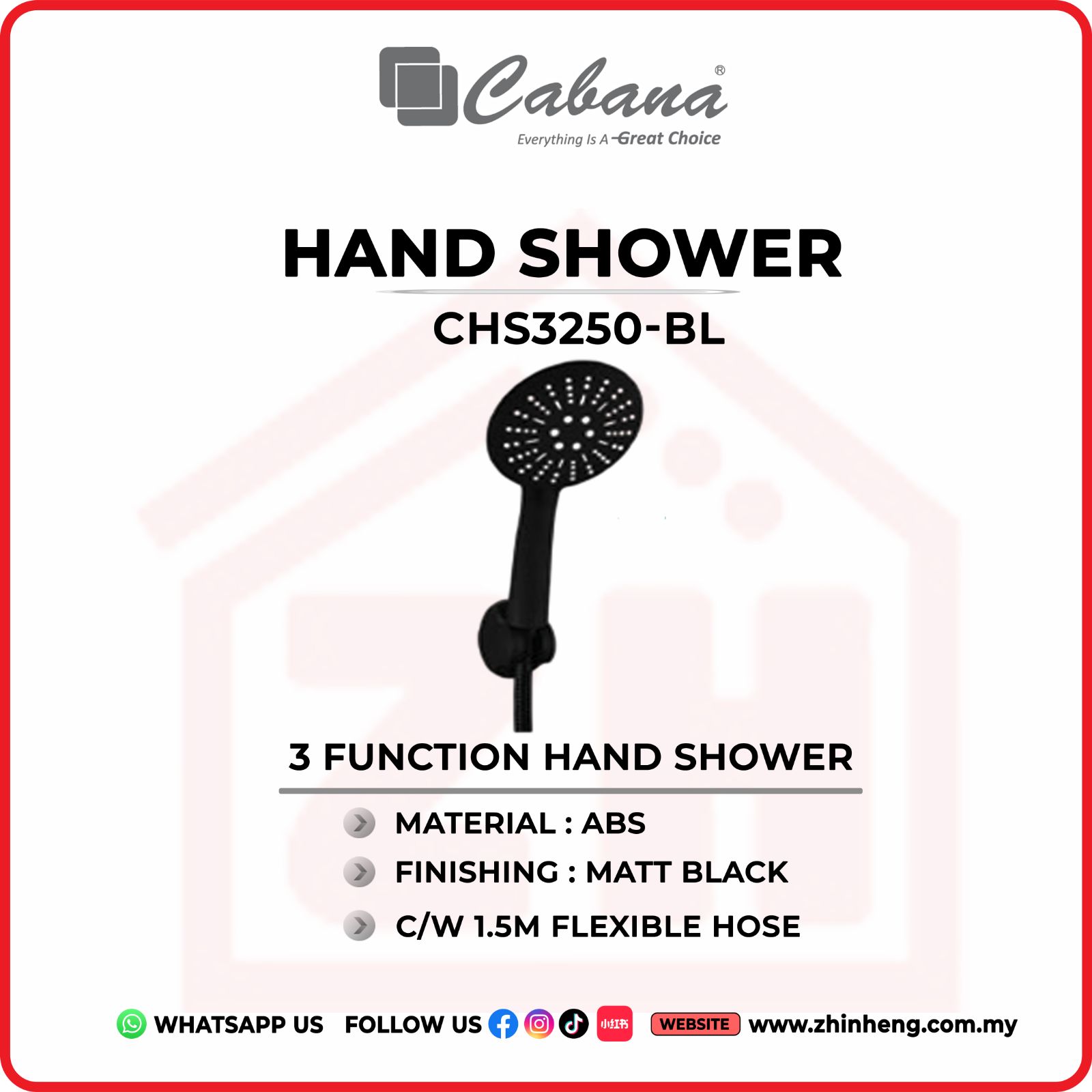 CABANA 3 FUNCTION HAND SHOWER C/W 1.5M FLEXIBLE HOSE  CHS3250-BL