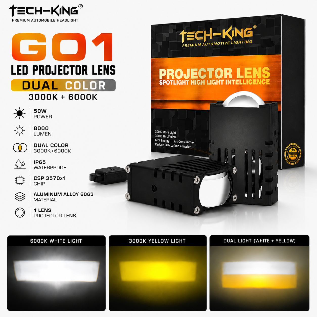 TECH KING G01 WHITE/YELLOW SPOTLIGHT LED PROJECTOR LENS 50W