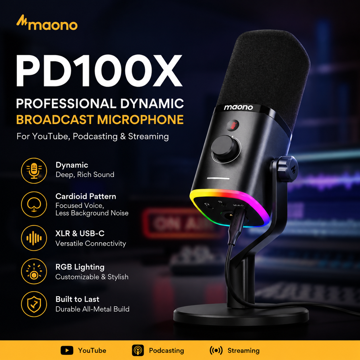 Maono PD100X Mikrofon Siaran Dinamik Profesional – Hitam Matte untuk YouTube, Podcast & Penstriman