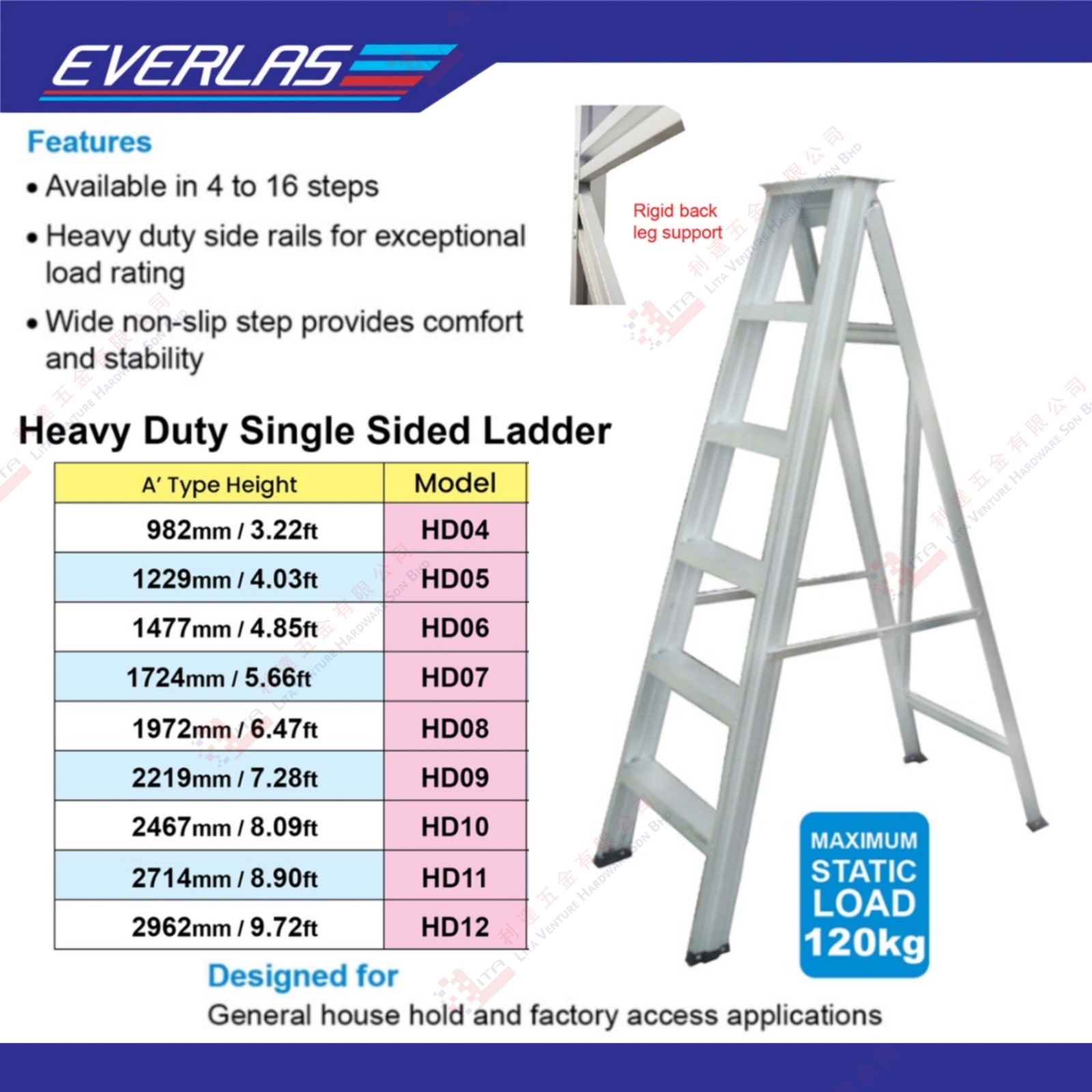 EVERLAS BRAND SINGLE SIDED LADDER - HD04 HD05 HD06 HD07 HD08 HD09 HD10 HD11 HD12