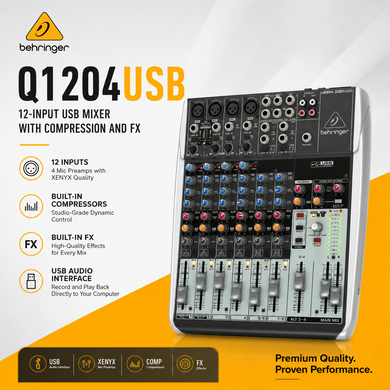 Behringer Q1204USB – 12路输入带压缩与效果的USB调音台