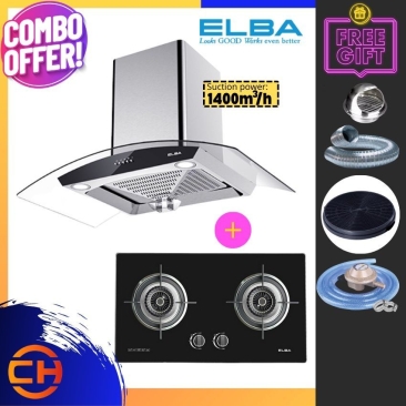 ELBA 1400M3/HR DESIGNER HOOD EH-J9088(SS) + 2 BURNER BUILT IN GLASS STOVE INFINITO EGH-F8582GX(BK) GLASS HOB