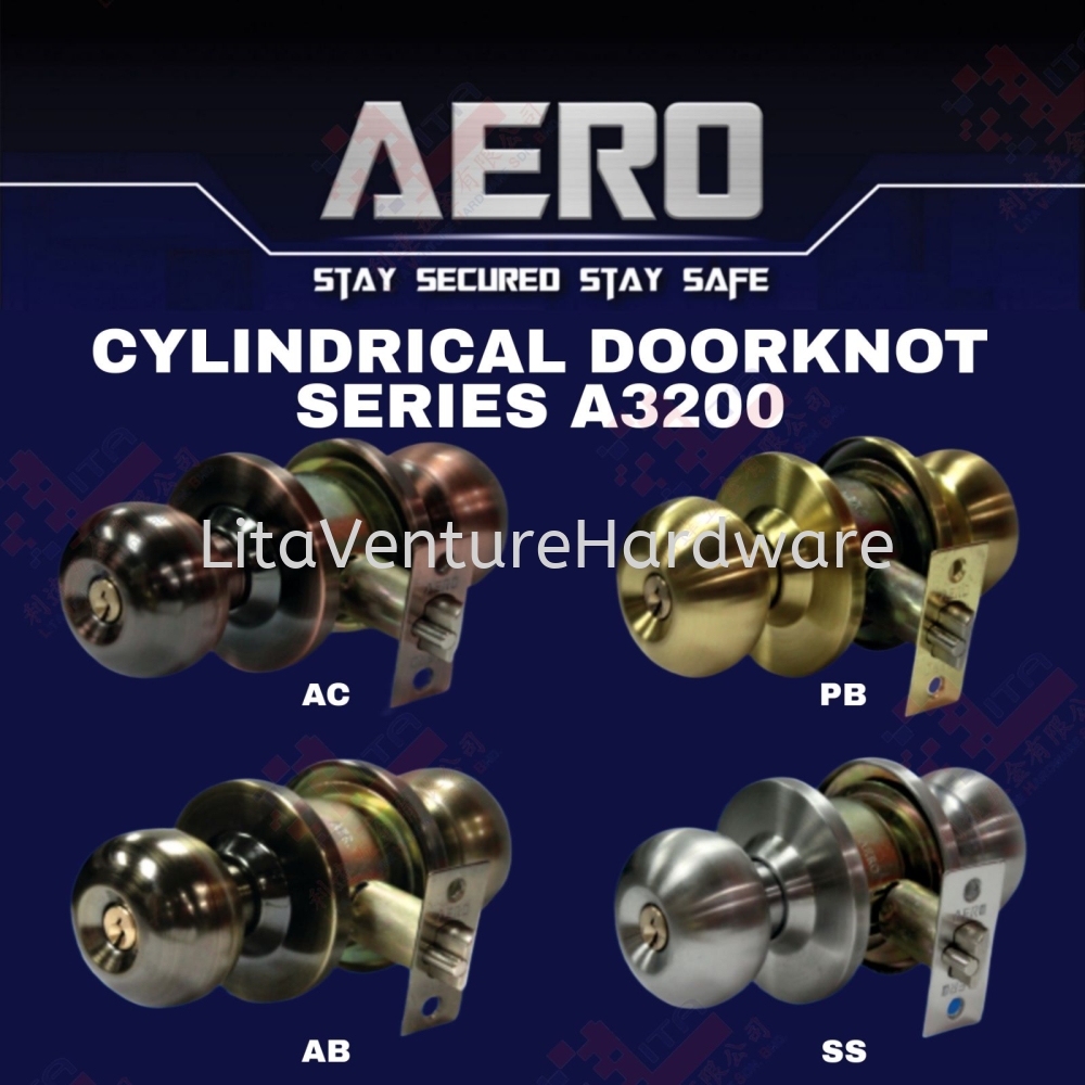 AERO BRAND CTLINDRICAL DOOR KNOB SERIES A3200 - AC AB PB SS