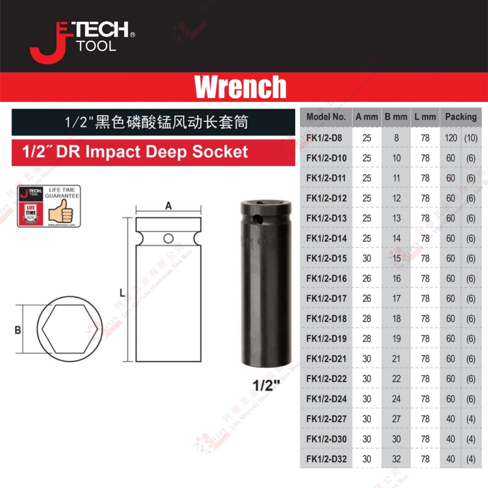 JE TECH BRAND FR IMPACT DEEP SOCKET - FK12D8 FK12D10 FK12D11 ...FK12D32