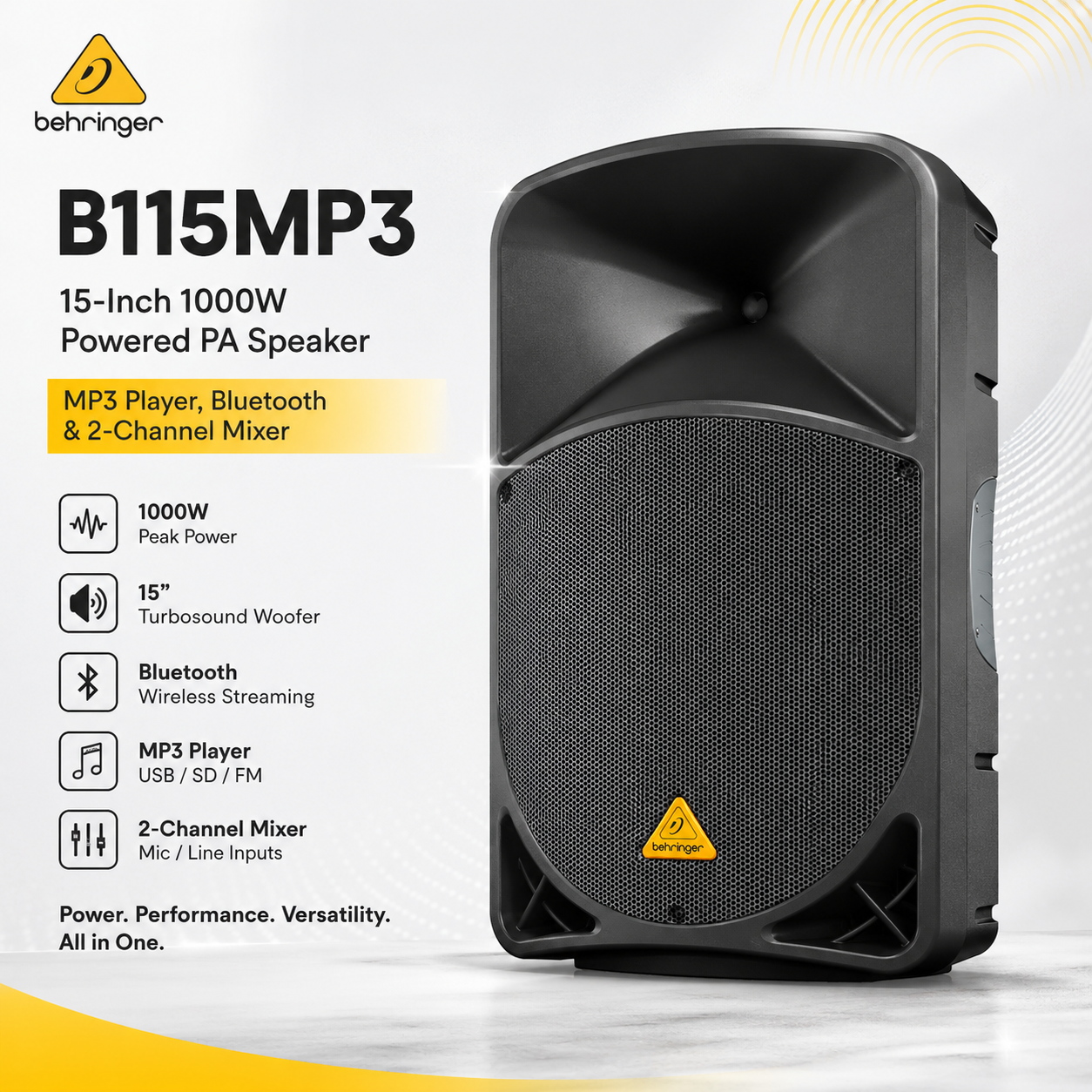 Behringer B115MP3 – 15英寸1000W有源PA音箱，配备MP3播放器、蓝牙与双通道混音器