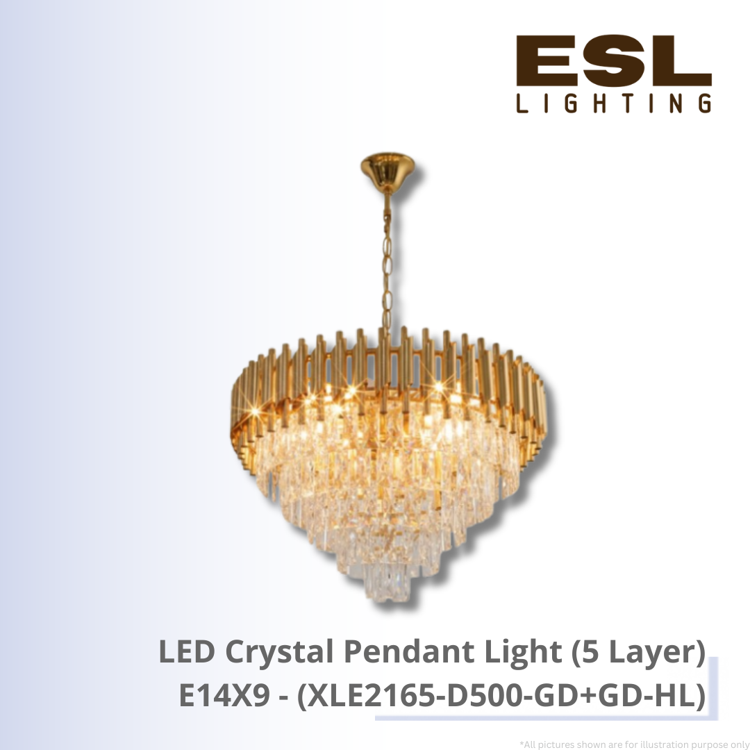 LED Crystal Pendant Light E14X9 (5Layer) - XLE2165-D500-GD+GD-HL