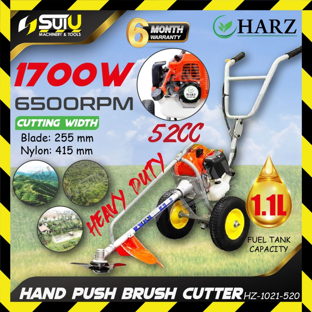 HARZ HZ-1021-520 52CC Gasoline Hand Push Brush Cutter with Wheel / Mesin Rumput 1.7kW 6500RPM