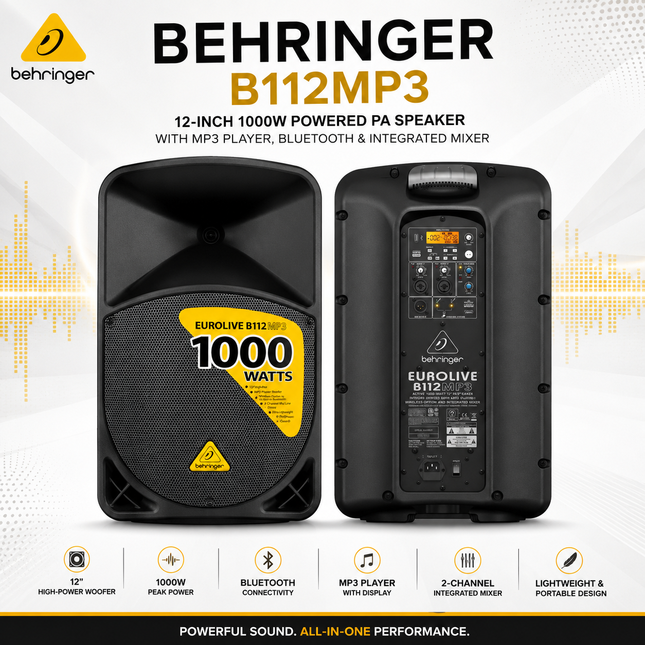 Behringer B112MP3 – 12-Inch 1000W Powered PA Speaker with MP3 Player, Bluetooth & Integrated Mixer