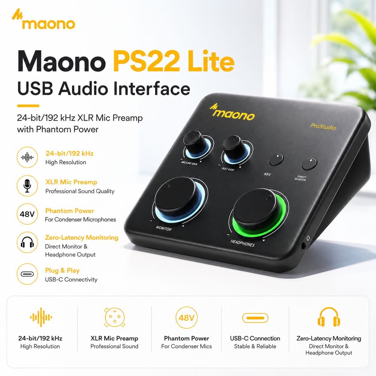 Maono PS22 Lite Antaramuka Audio USB – Preamplifier Mikrofon XLR 24‑bit/192 kHz dengan Kuasa Phantom