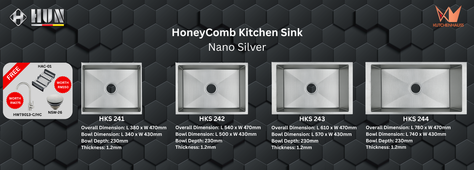 HUN - HoneyComb Kitchen Sink Single Bowl Package (Nano Silver) | HKS 241, HKS 242, HKS 243, HKS 244