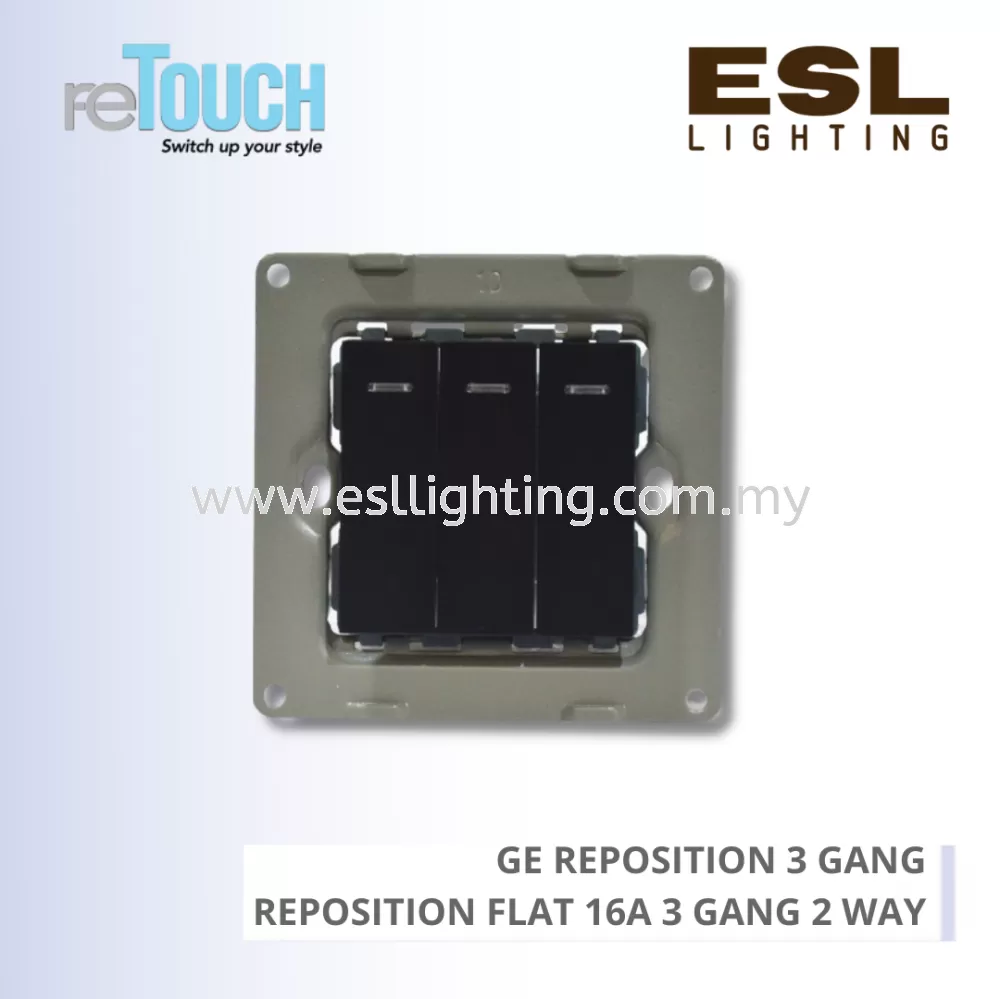 RETOUCH GRAND ELEMENTS - GE REPOSITION 3 GANG - E/SW032N-GB – REPOSITION FLAT 16A 3 GANG 2 WAY C/W BLUE LED LIGHT INDICATOR