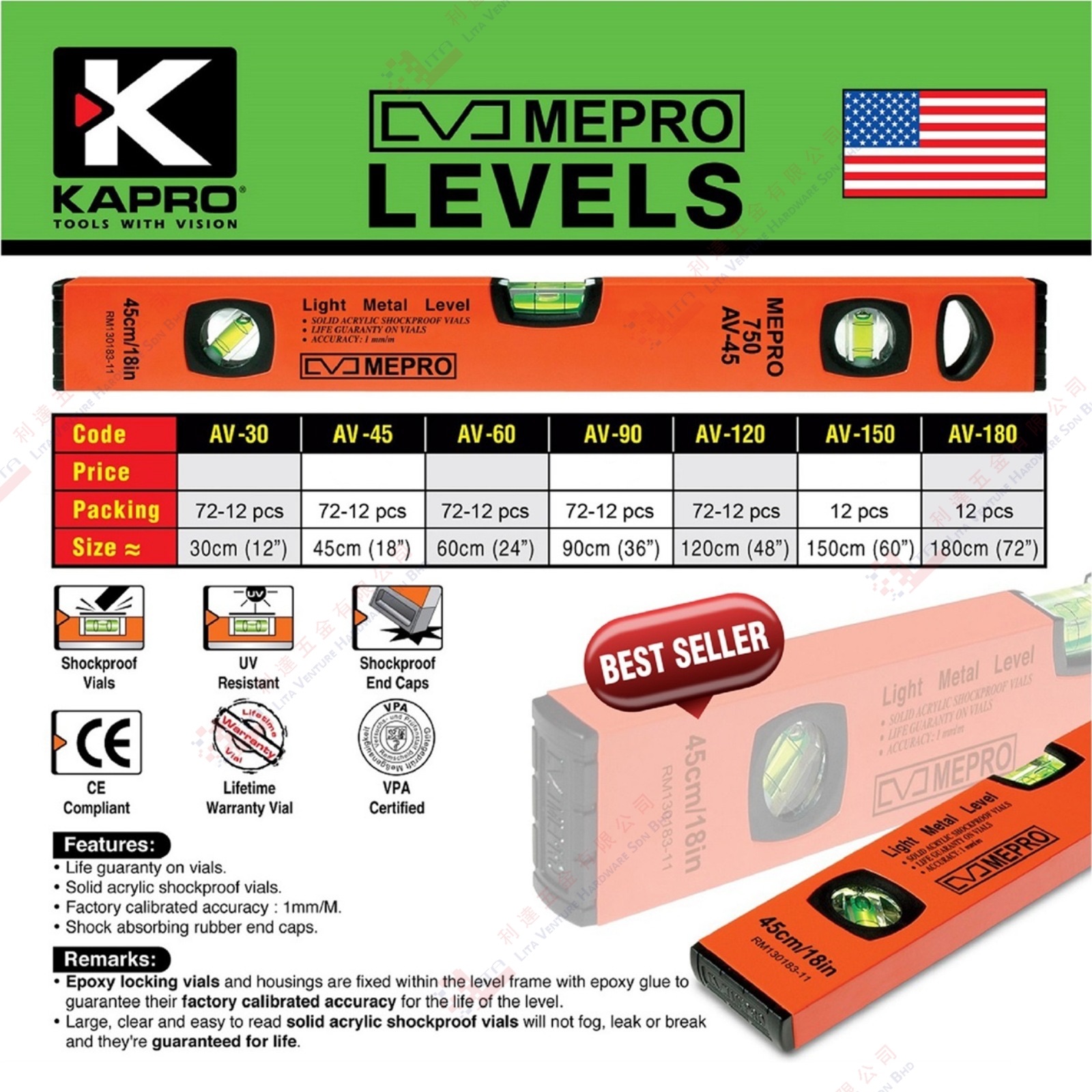 KAPRO BRAND LIGHT METAL LEVEL - AV30 AV45 AV60 AV90 AV120 AV150 AV180