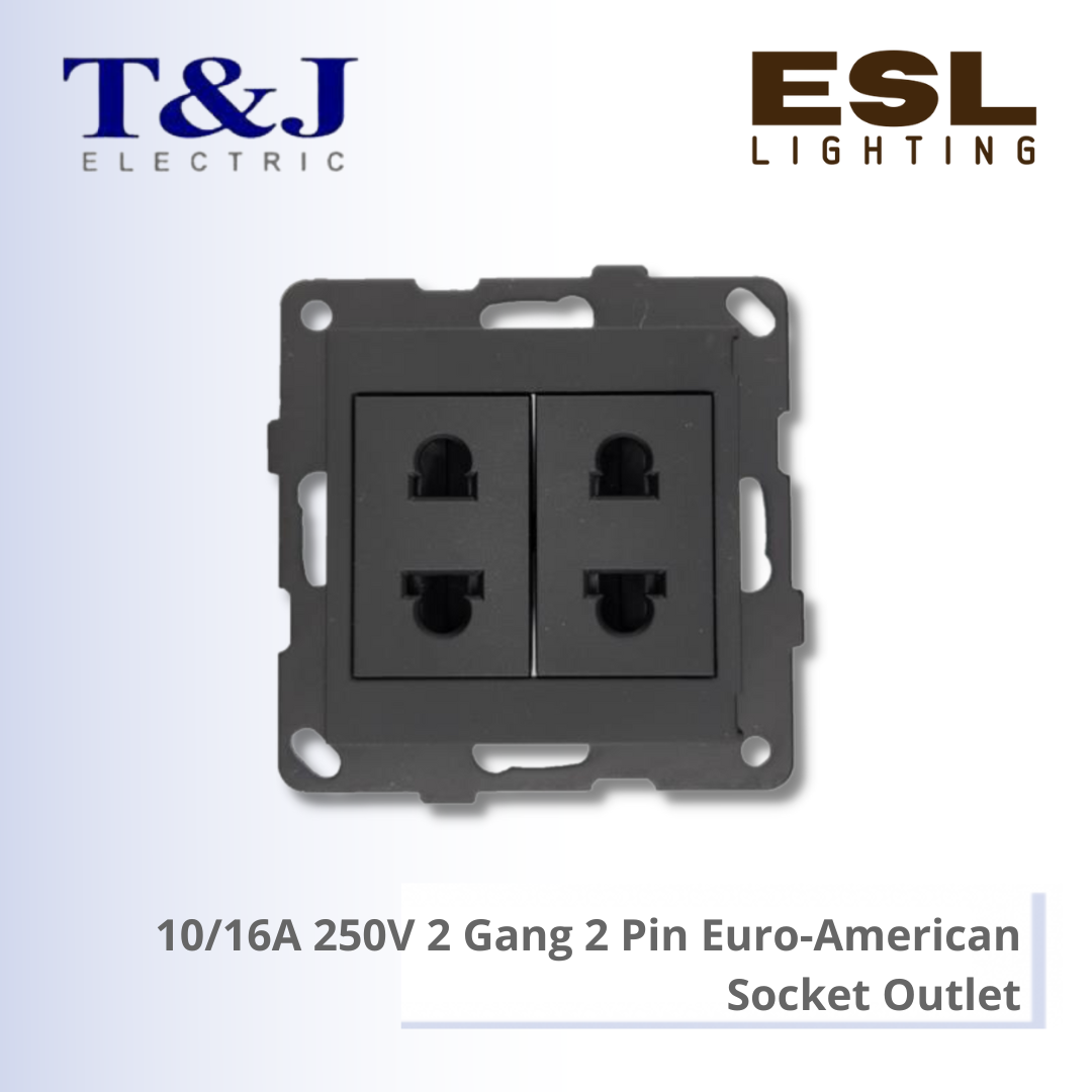 T&J LAVINA"95" SERIES 10/16A 250V 2 Gang 2 Pin Euro-American Socket Outlet - JC8416U2-W-LWH / JC8416U2-W-LBL
