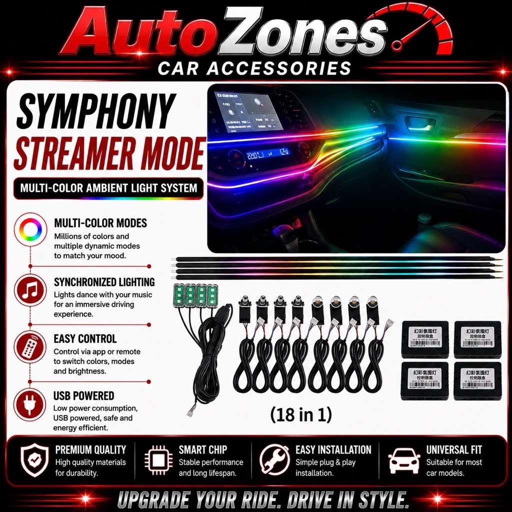 16-in-1 Symphony Rainbow Ambient Light RGB Car Interior Lighting Kit | Bluetooth APP Control | Multicolor LED Light Strips | Music Sync Ambient Lighting | Universal Car Decoration
