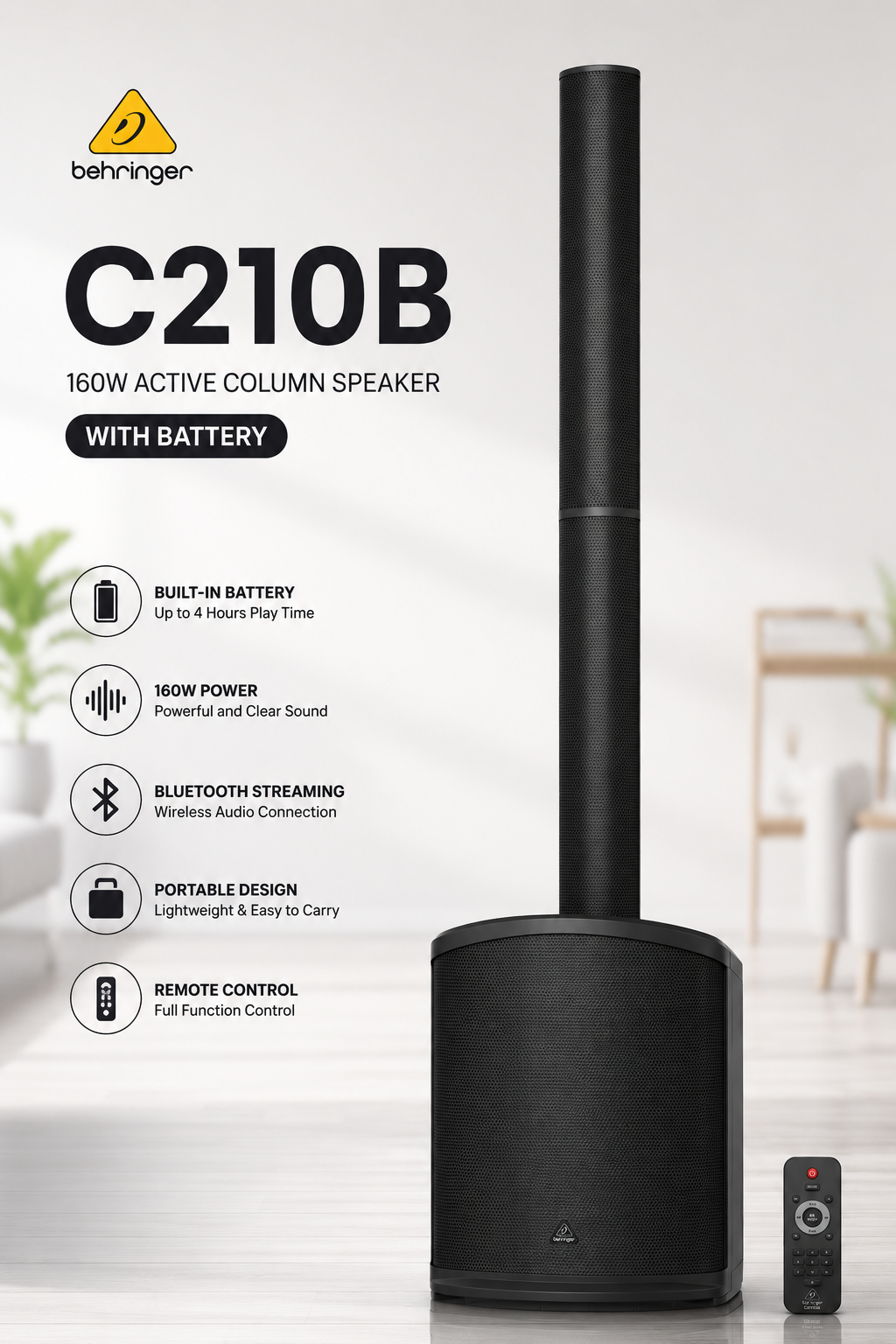 Behringer C210B 160W 便携式有源柱式音箱｜内置充电电池・蓝牙无线 PA 扩声音响系统