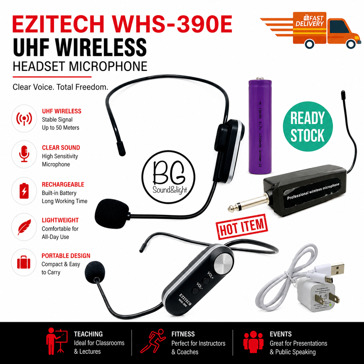 Ezitech WHS390E Mikrofon Headset Tanpa Wayar UHF – Boleh Cas Semula & Mudah Alih untuk Pengajaran, Kecergasan & Acara