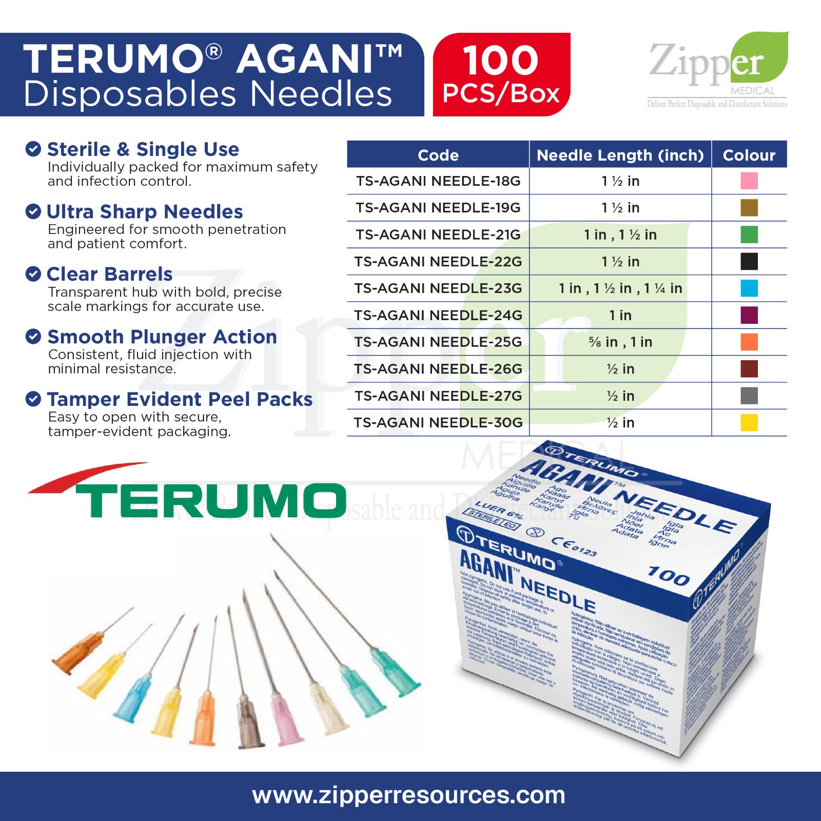 Terumo AGANI Sterile Disposable Needles | 18G 19G 21G 22G 23G 24G 25G 26G 27G 30G | Single Use | 100pcs/Box