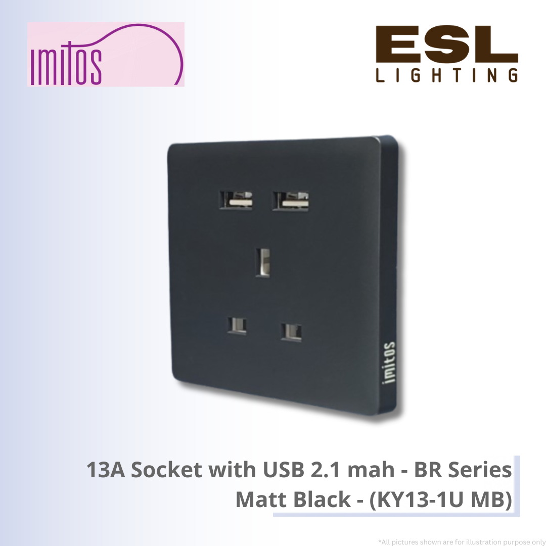 IMITOS 13A Socket with USB 2.1 mah (BR Series) Matt Black - KY13-1U MB