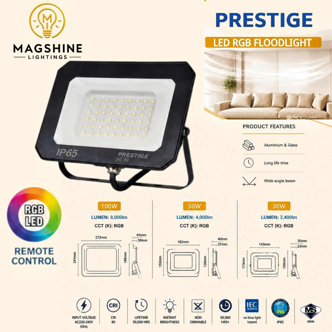 PRESTIGE IP65 HEXA LED FLOODLIGHT 100W/50W/30W (RGB COLOUR) (WITH REMOTE CONTROL)