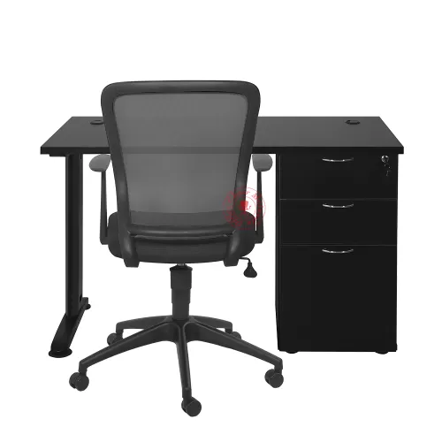 MJD Full Black Office Table c/w 2D1F | Meja Office hitam | Meja Pejabat