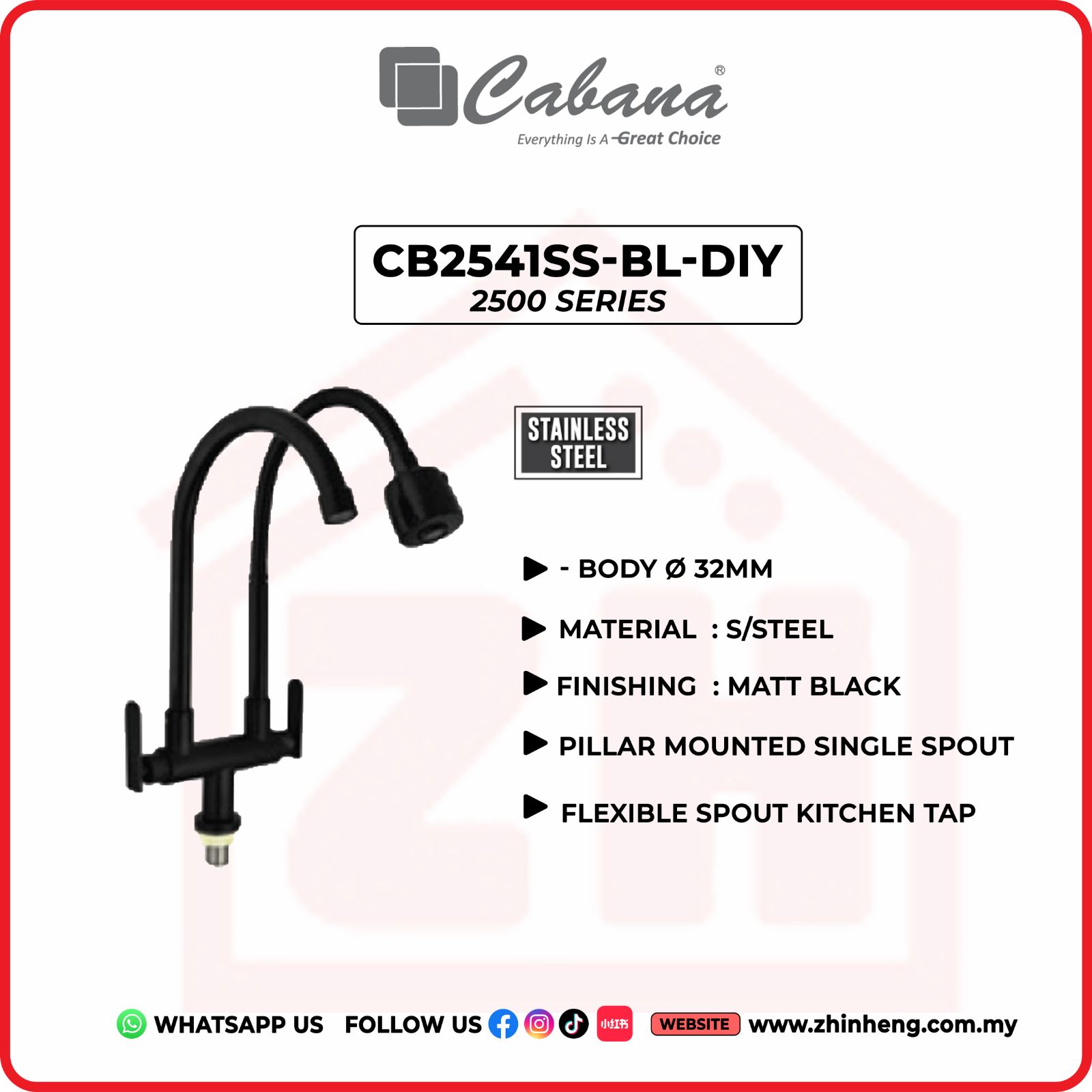 CABANA Pillar Mounted Single Spout + Flexible Spout Kitchen Tap CB2541SS-BL-DIY