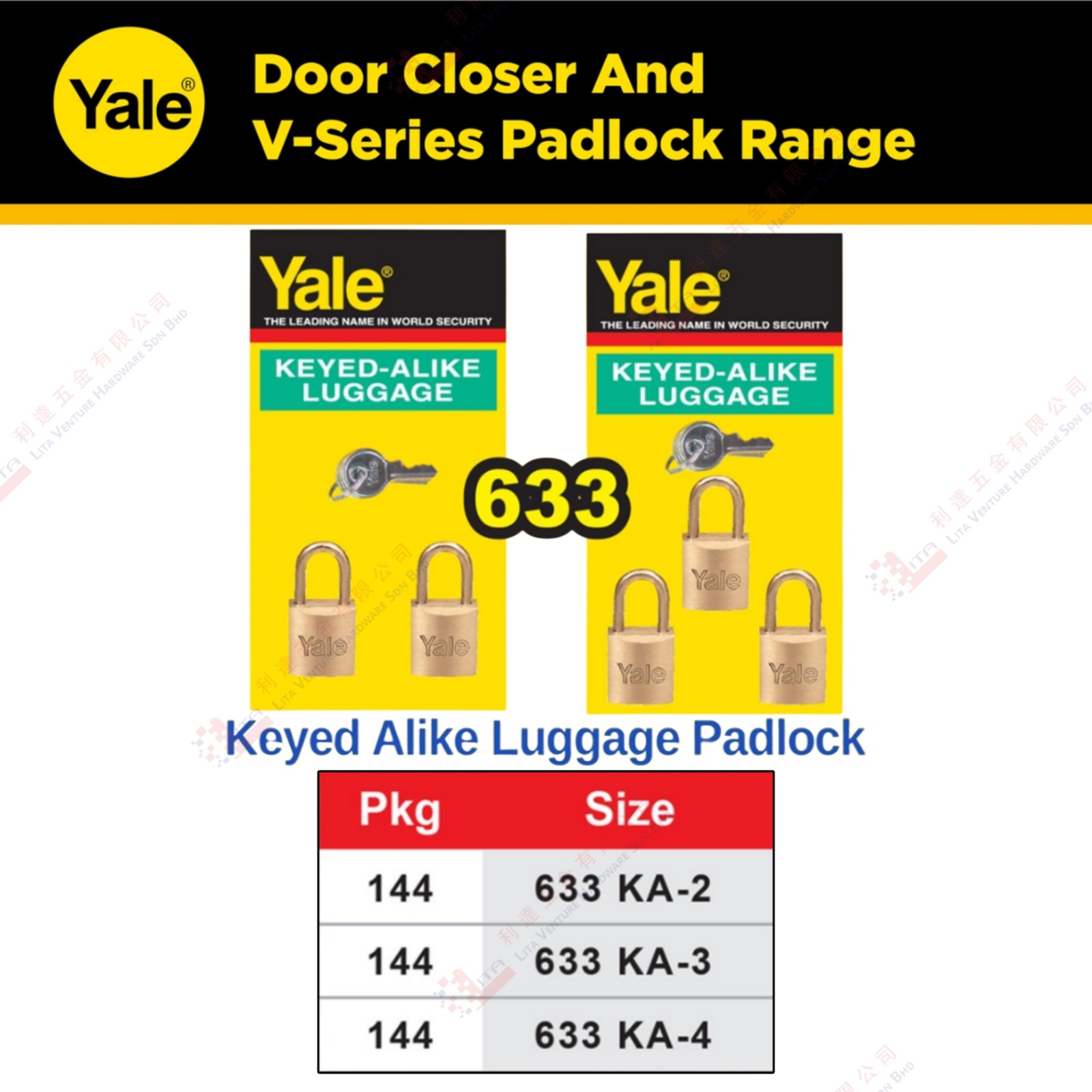 YALE BRAND KEYED A LIKE LUGGAGE PADLOCK - 633KA2 633KA3 633KA4