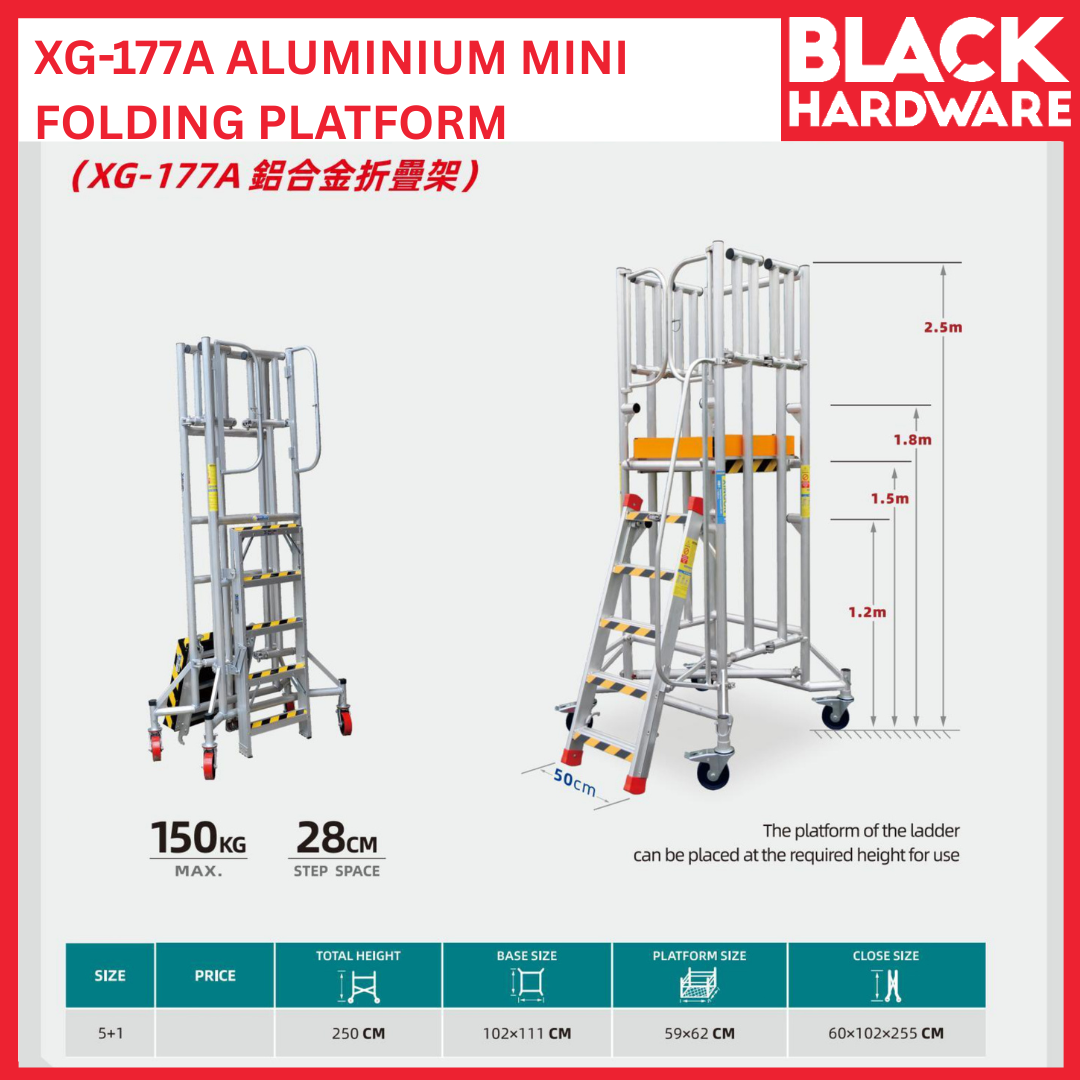 Black Hardware TONGDA XG-177A Aluminium Mini Folding Platform | Compact Adjustable Mobile Scaffold Workstation