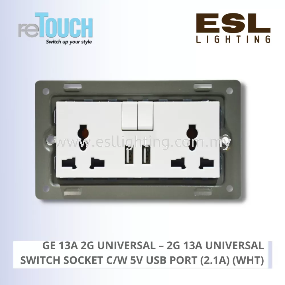RETOUCH GRAND ELEMENTS - GE 13A 2G UNIVERSAL - E/SO210U-GW – 2G 13A UNIVERSAL SWITCH SOCKET C/W 5V USB PORT (2.1A) (WHT)