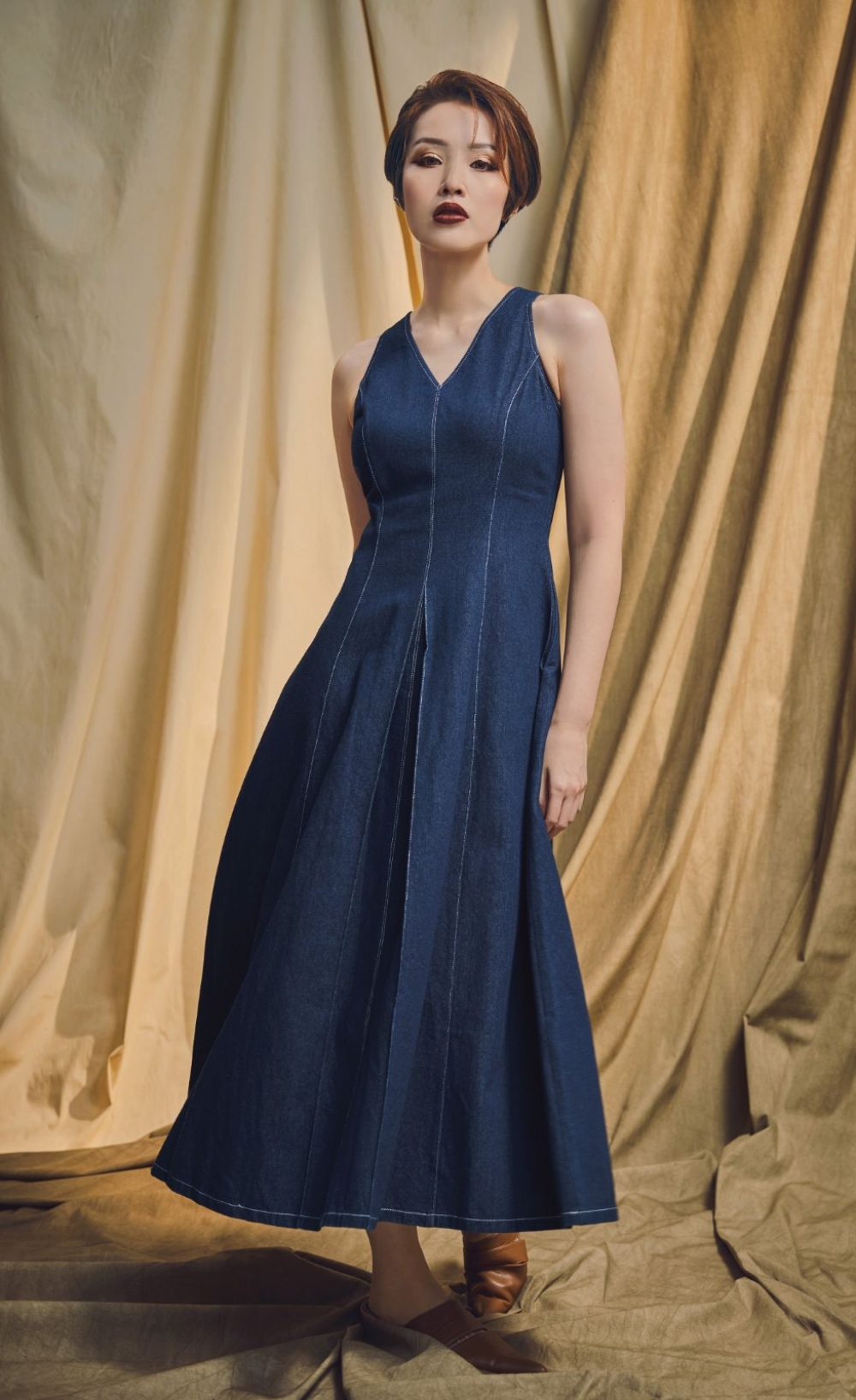 Topstitched A-Line Denim Midi