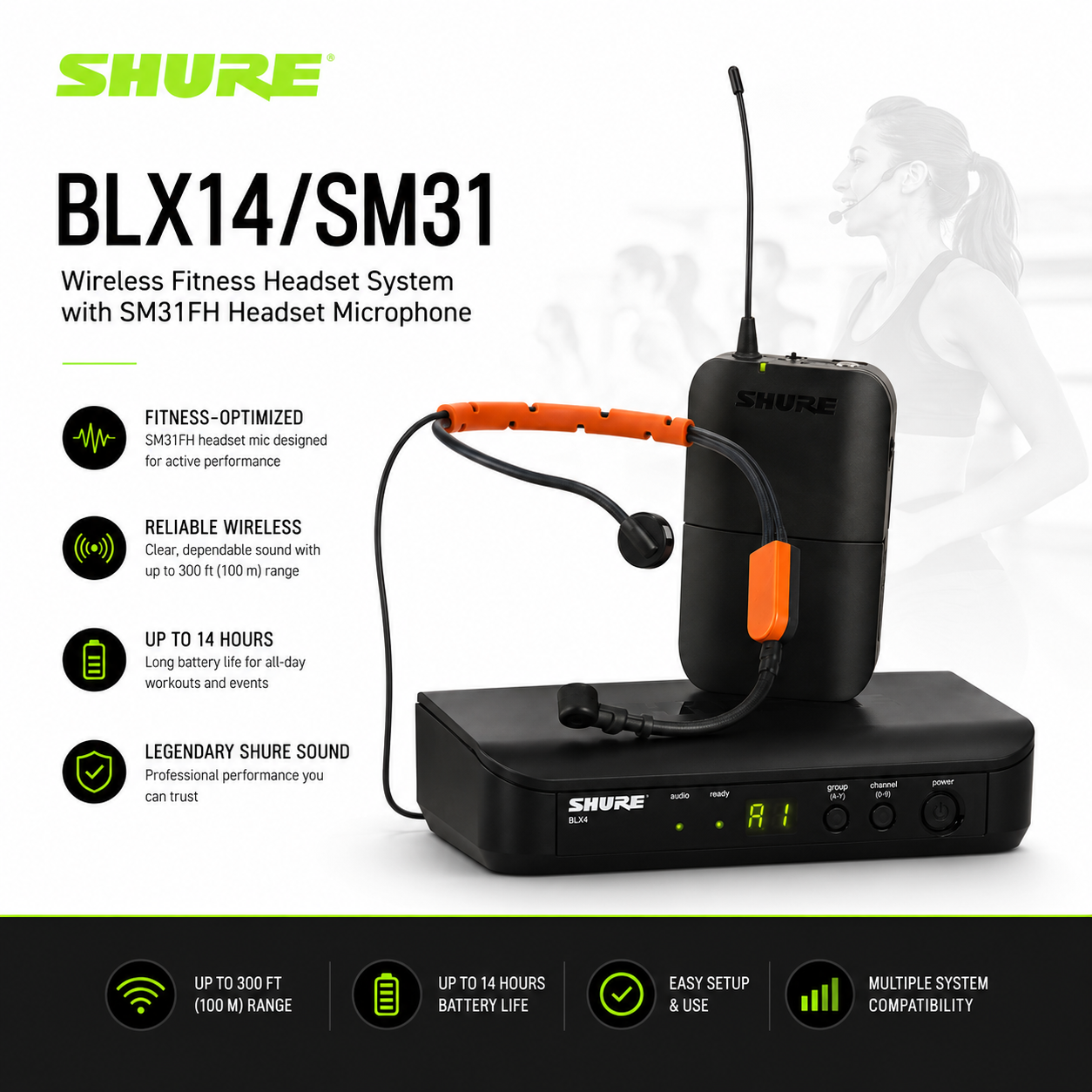 Shure BLX14/SM31 – Sistem Headset Kecergasan Tanpa Wayar dengan Mikrofon Headset SM31FH