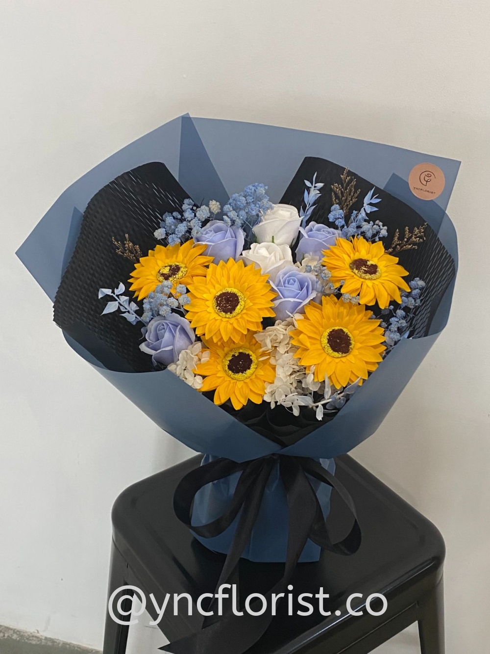 Navy theme Soap Sunflower and Preserved Flowers Bouquet