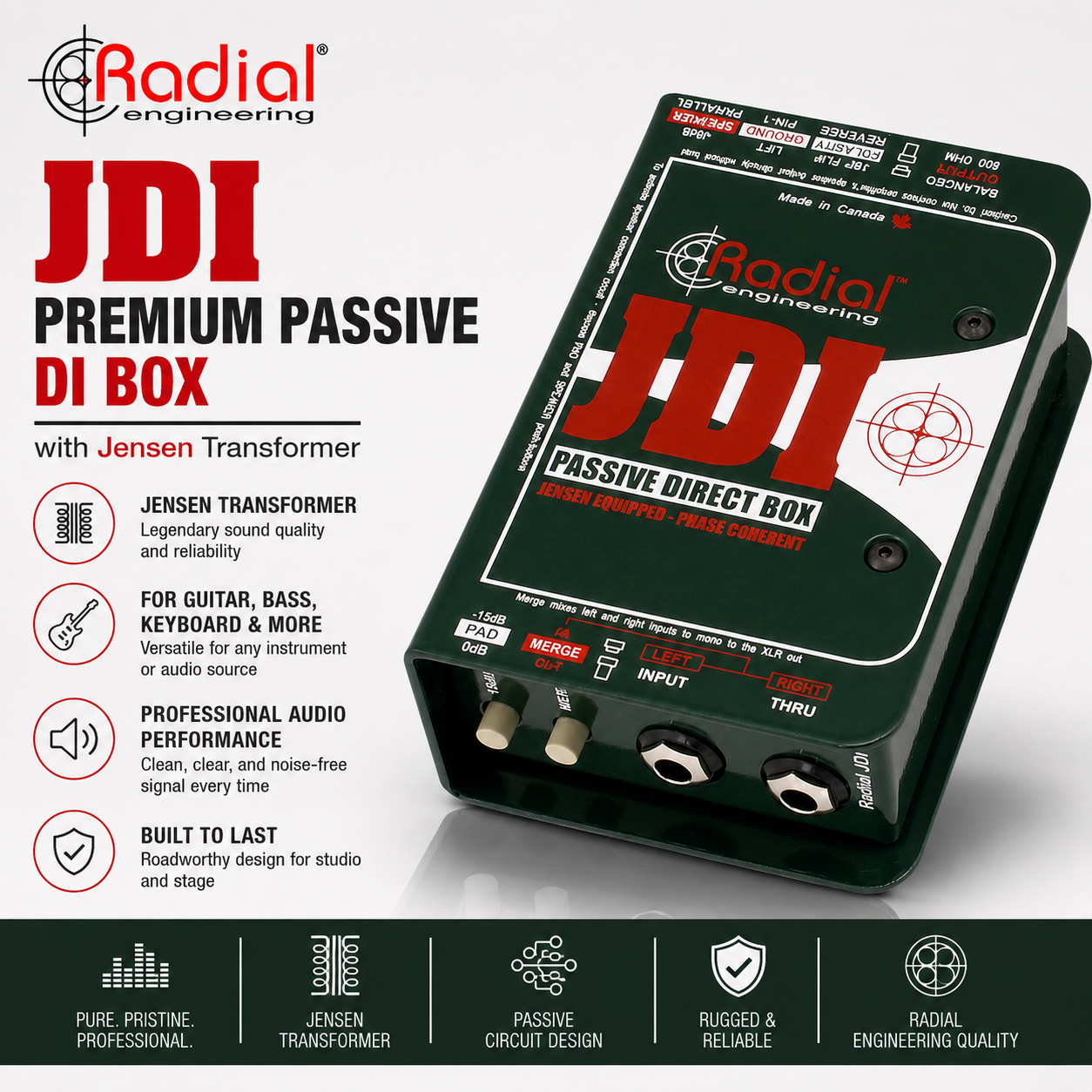 Radial Engineering JDI Premium Passive DI Box dengan Jensen Transformer untuk Gitar, Bass, Keyboard dan Sistem Audio Profesional