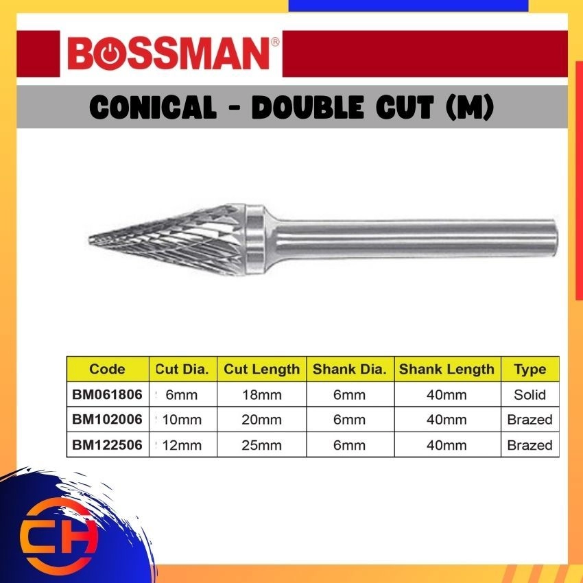 BOSSMAN TCT CARBIDE BURRS BM061806/ BM102006/ BM122506 CONICAL - DOUBLE CUT (M) 