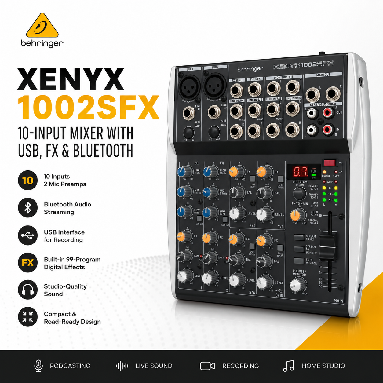 Behringer XENYX1002SFX – Pencampur 10 Input dengan USB, Kesan Terbina & Sambungan Bluetooth