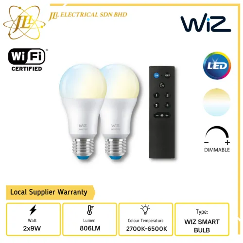 PHILIPS WIZ 9W E27 DOUBLE SMART TUNABLE WHITE AMBIENCE BULB STARTER KIT c/w REMOTE CONTROL. SMART HOME (2700K - 6500K)