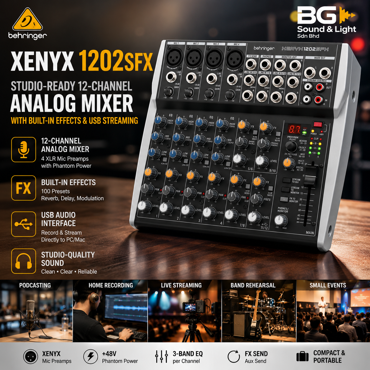 Behringer XENYX1202SFX – Pencampur Analog 12 Saluran Sedia Studio dengan Kesan Terbina & Penstriman USB