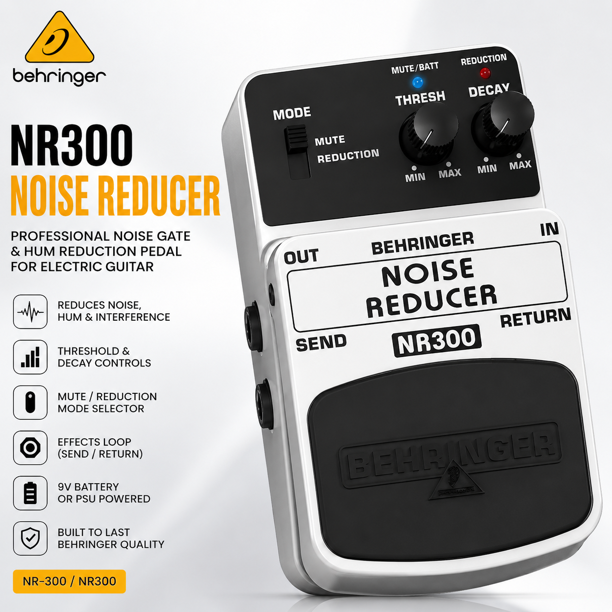 Behringer NR300 Noise Reducer Guitar Effects Pedal – Professional Noise Gate & Hum Reduction Pedal for Electric Guitar (NR-300 / NR300)