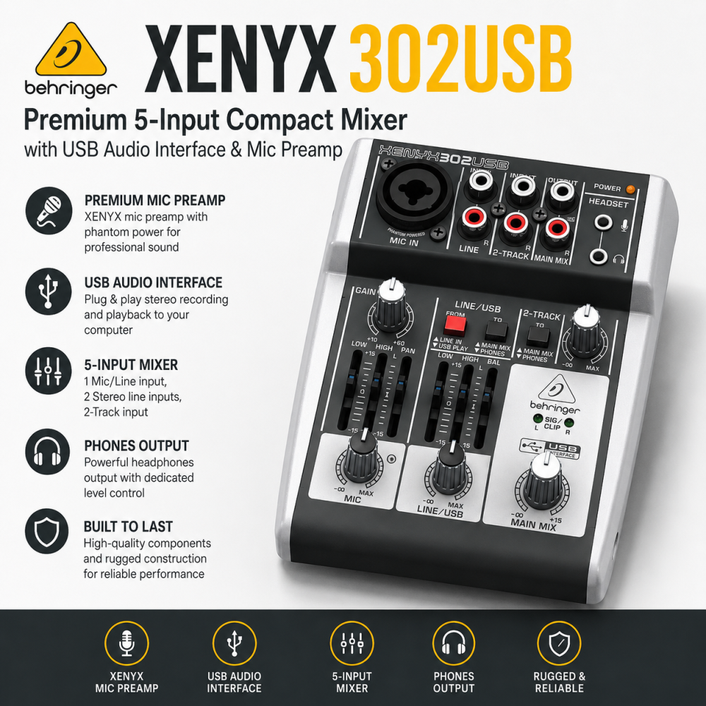 Behringer XENYX302USB 5-Input USB Mixer with XENYX Mic Preamp & USB Audio Interface | Compact Audio Mixing Console