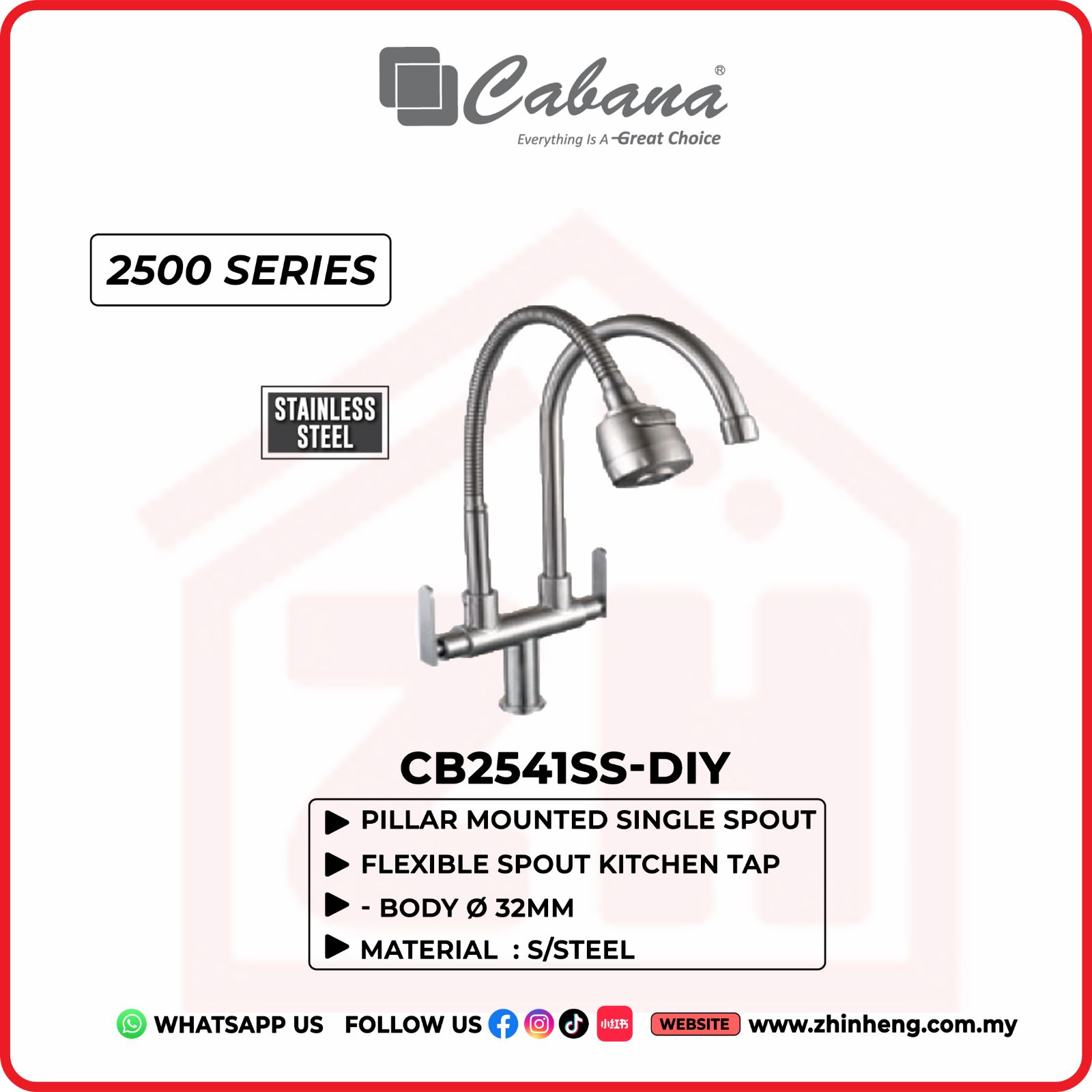 CABANA Pillar Mounted Single Spout + Flexible Spout Kitchen Tap CB2541SS-DIY
