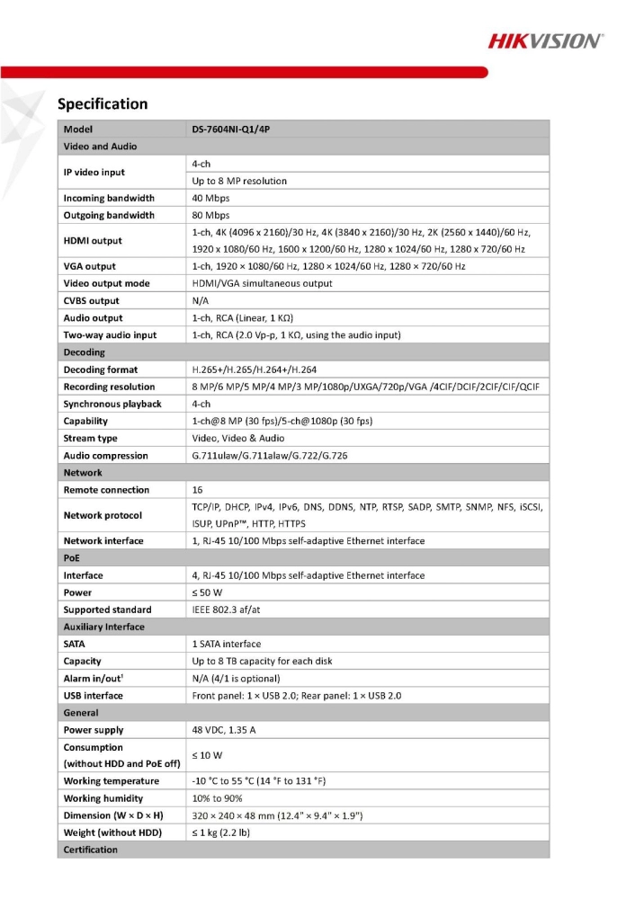 HIKVISION 4 Channel 4CH NVR with 4 PoE Support up to 8MP - (DS-7604NI-Q1/4P) 