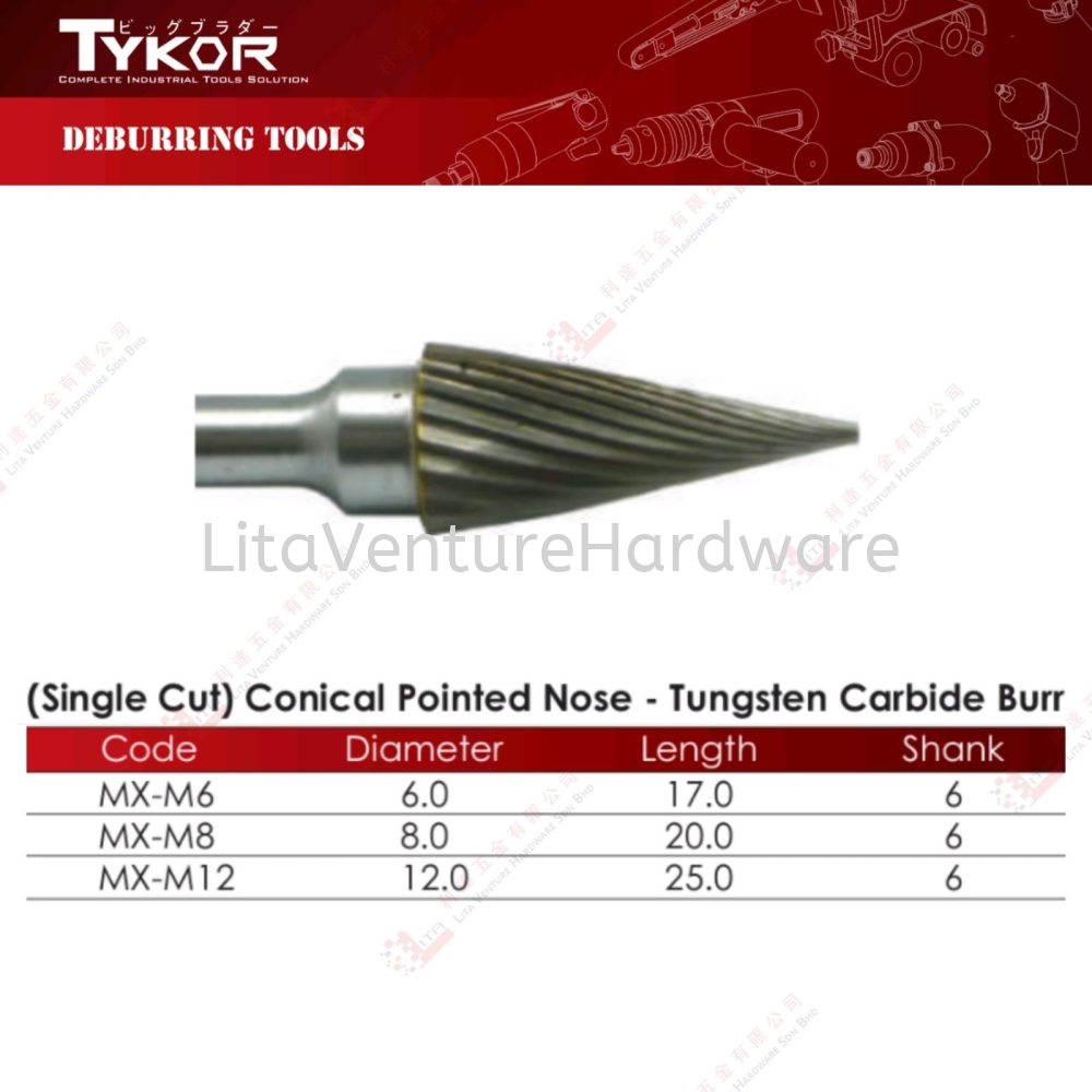 TYKOR BRAND CONICAL POINTED NOSE (TUNGSTEN CARBIDE BURR) - MXM6 MXM8 MXM12